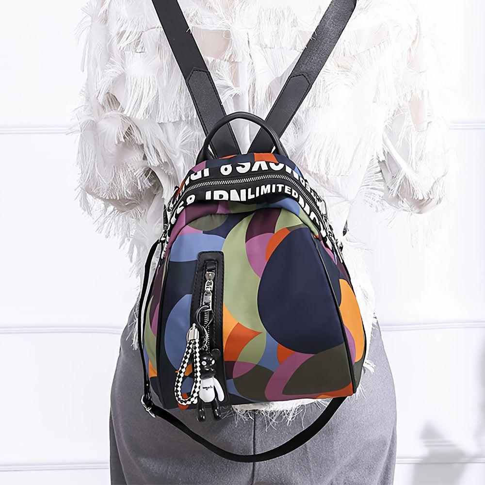 Women's Colorful Geometric Oxford Cloth Backpack - Multifunctional Handbag, Shoulder Bag & Crossbody Purse with Adjustable Straps, Zipper Closure & Bonus Teddy Bear Keychain Accessory, Versatile Travel Purse | Trendy Women's
