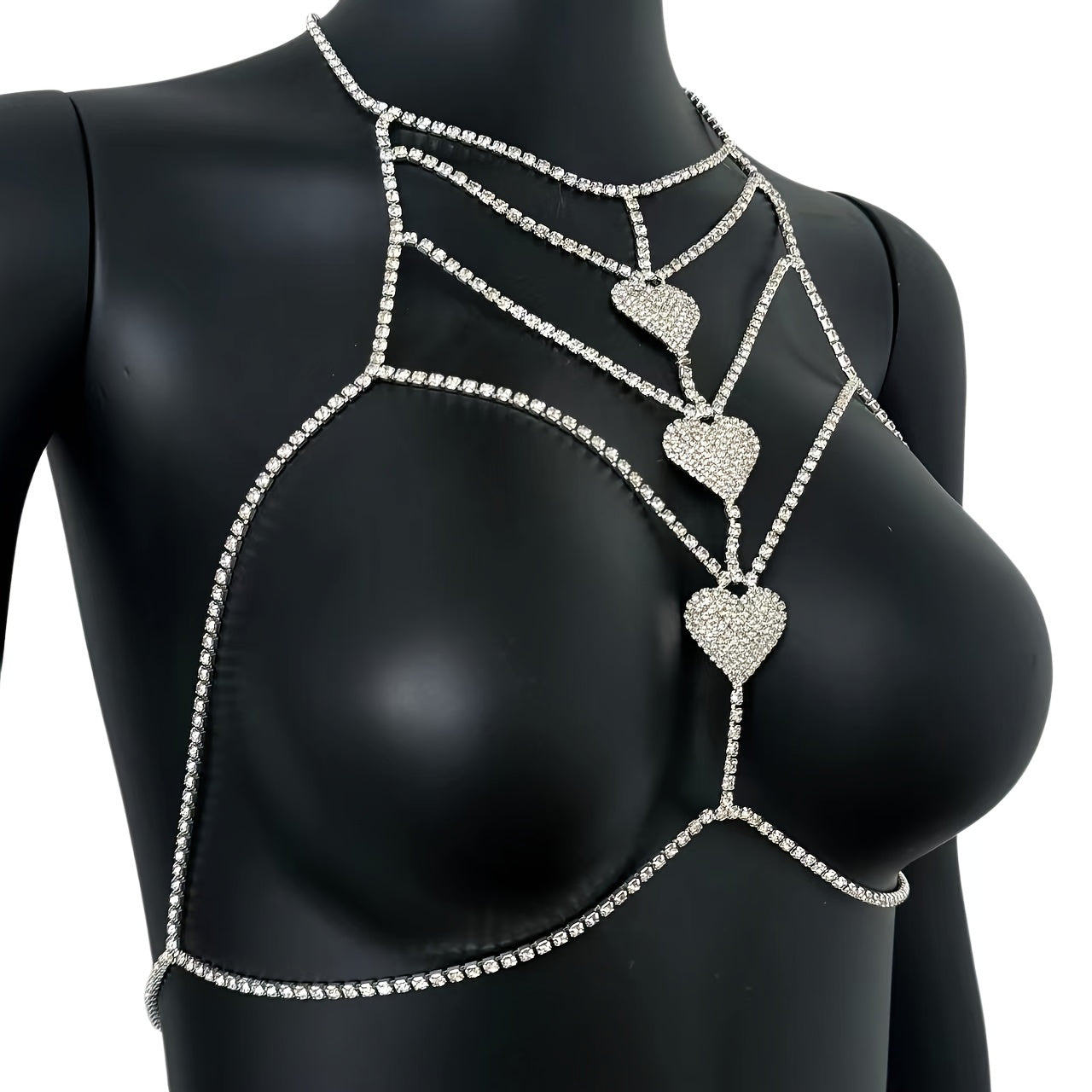 Luxurious Silvery-Plated Rhinestone Heart Body Chain - Sexy Multi-Layer Chest & Neck Jewelry for Women, Perfect for Parties and Bikini Accessories