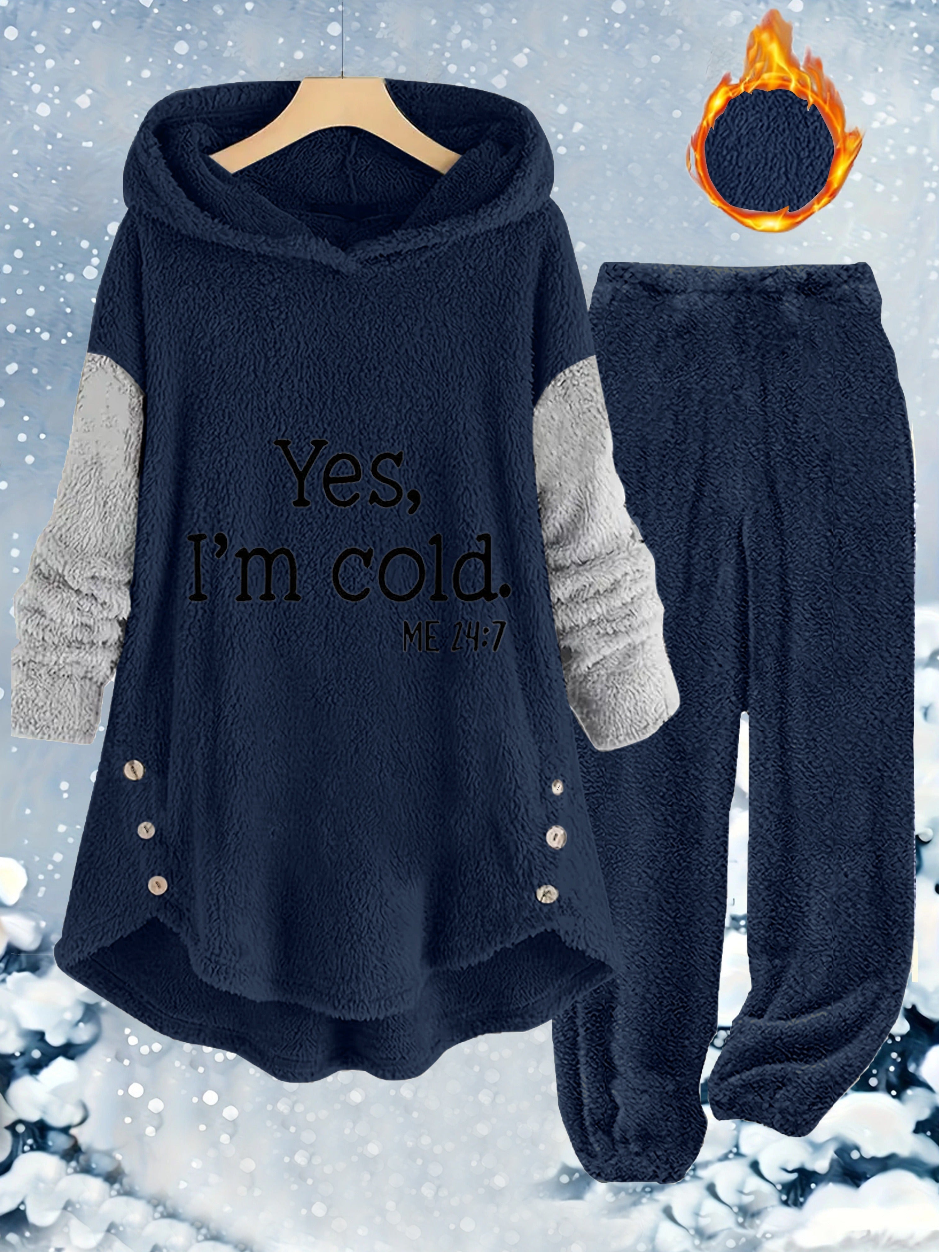 Cozy Women's Gray Fleece Hoodie & Jogger Set - "YES, I'M COLD" Print, Long Sleeves with Button Detail, Casual Polyester Outfit for Fall & Winter, Machine Washable, Jogging Pants