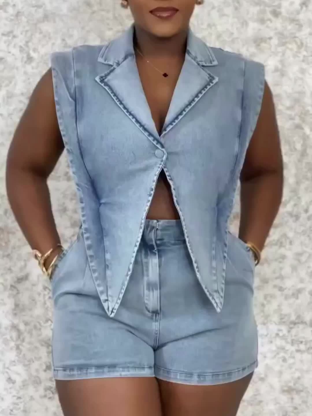 Denim Sleeveless Suit Collar Stretchy Waist Jumpsuit Shorts