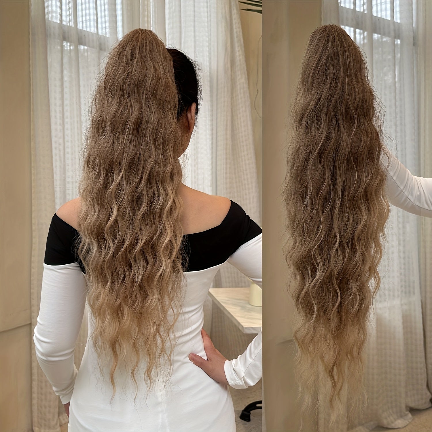 YUSULAXI Women'S 28-Inch Brown Wavy Ponytail Extension, High Temperature Fiber Clip-In Tailpiece, Synthetic Hairpiece for Ladies