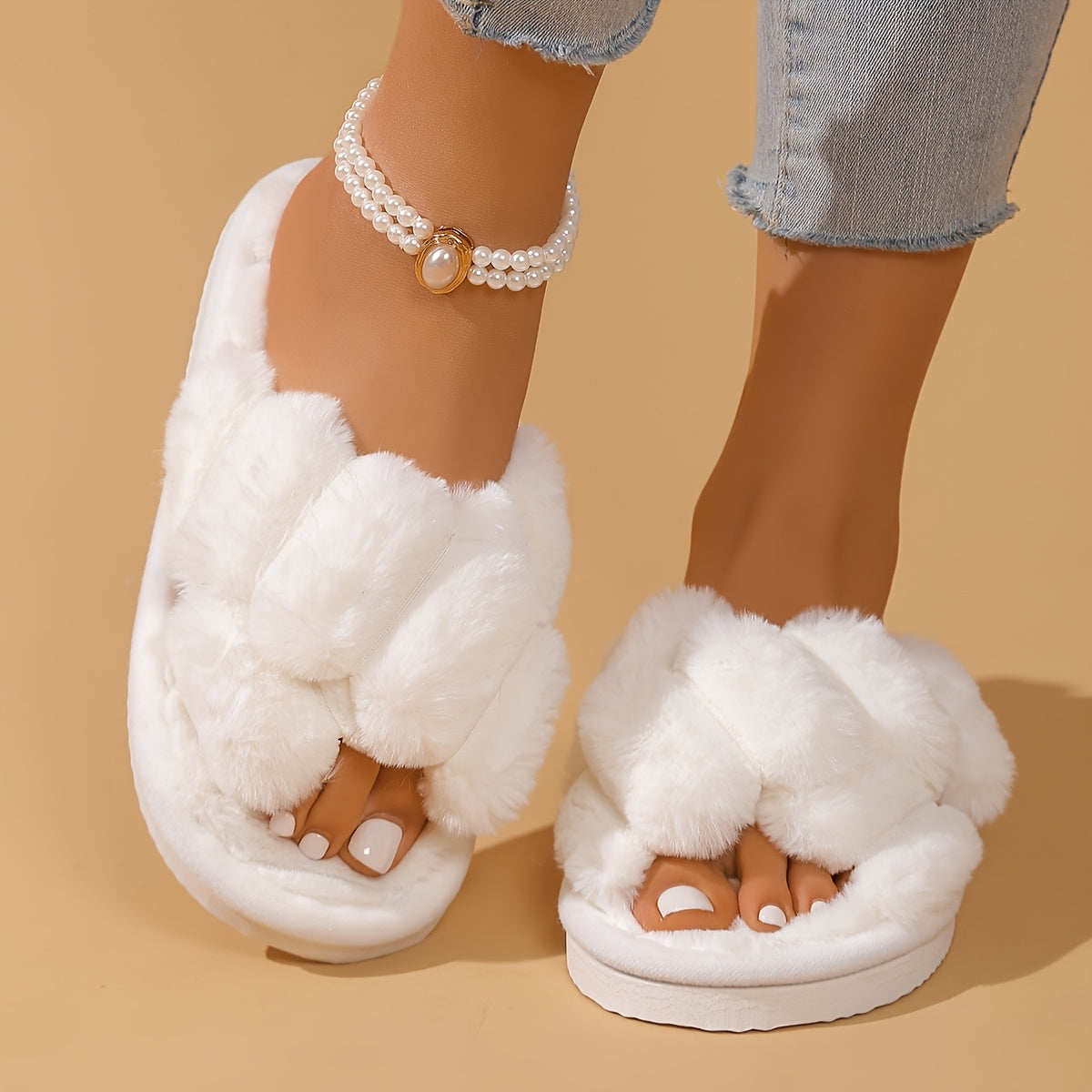 Women'S Seasonal Home Slippers, Stylish And Fluffy, Versatile Cross-Strap Design.
