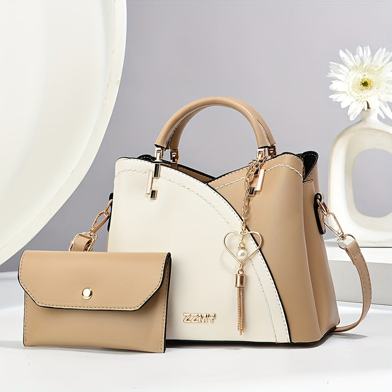 Elegant 2pcs Women's Handbag Set with Heart Tassel - Chic Colorblock Crossbody & Clutch Purse, Adjustable Strap, Magnetic Closure - Perfect Valentine's Gift