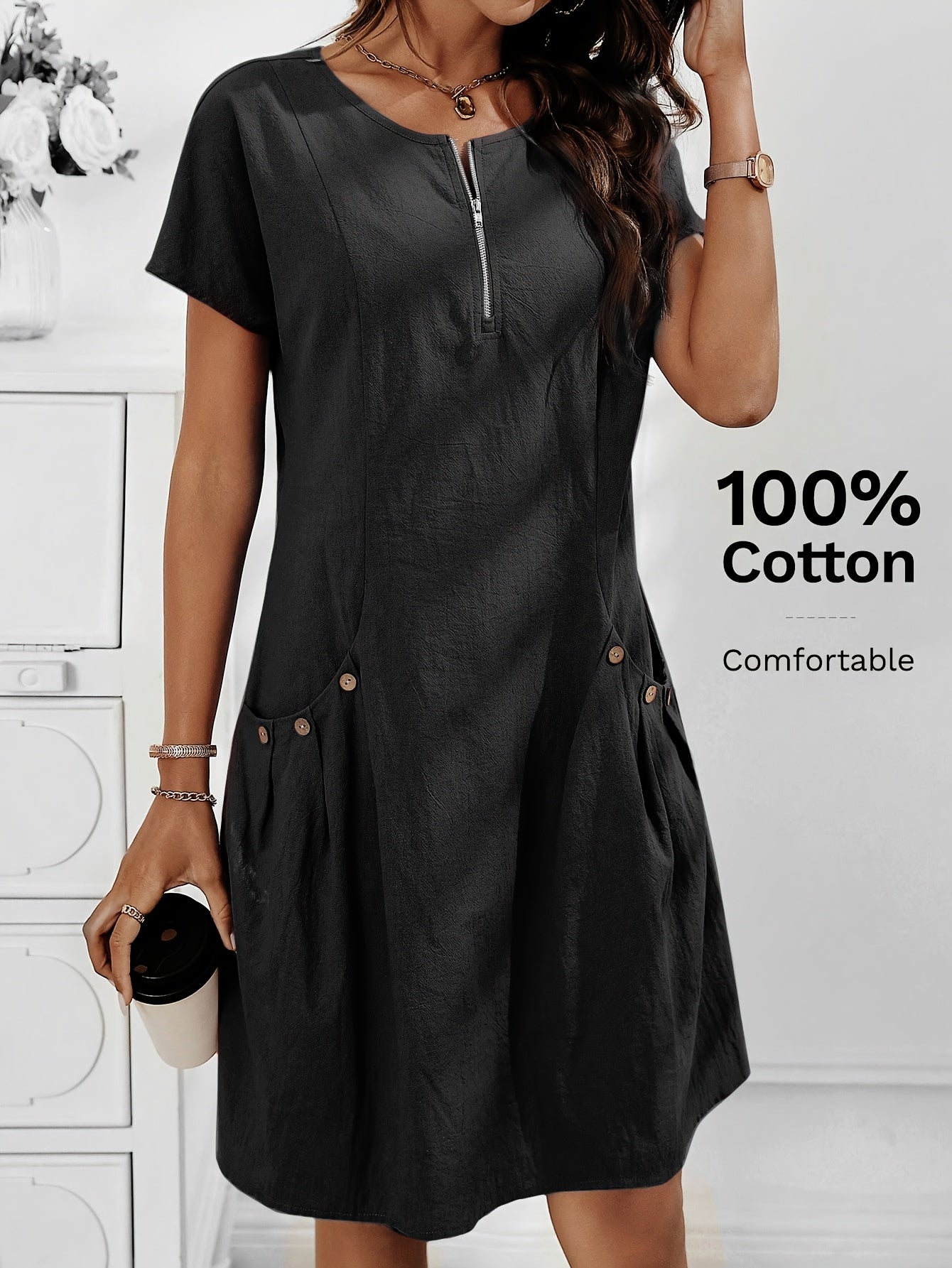 Women's Light Pink Summer Casual Dress with Zipper Half Placket, Button Decor & Double Pockets - Elegant Loose Fit for Spring/Summer, Cute Summer Dresses