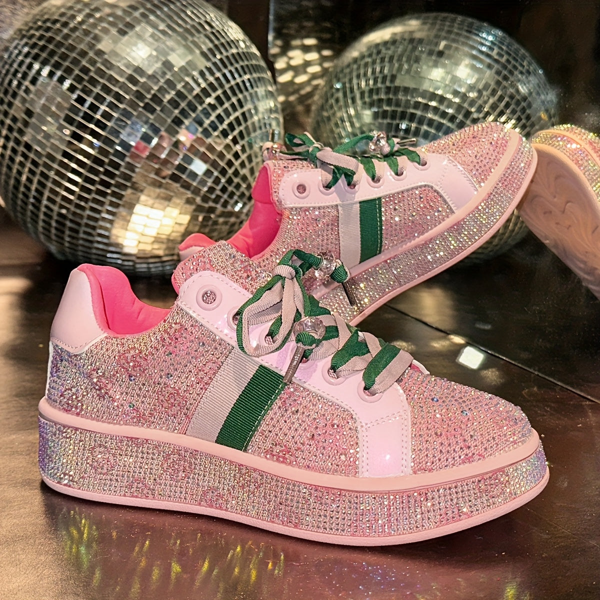 Women'S Fashion Sneakers - Sparkling Glitter Design, Comfortable Low Top Lace-Up Shoes with Red and Green Laces, All-Season Casual Streetwear, Casual Streetwear Sneakers | Glittery Sneakers | Synthetic Sneakers