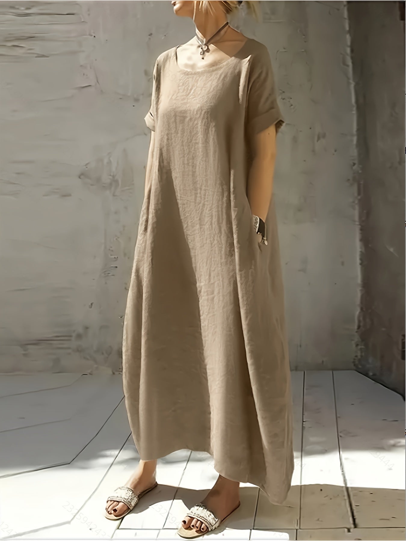 Women's New Summer Round Neck Short Sleeve Loose Dress with Pocket, Elegant and Pure Color Mid-Long Casual Skirt