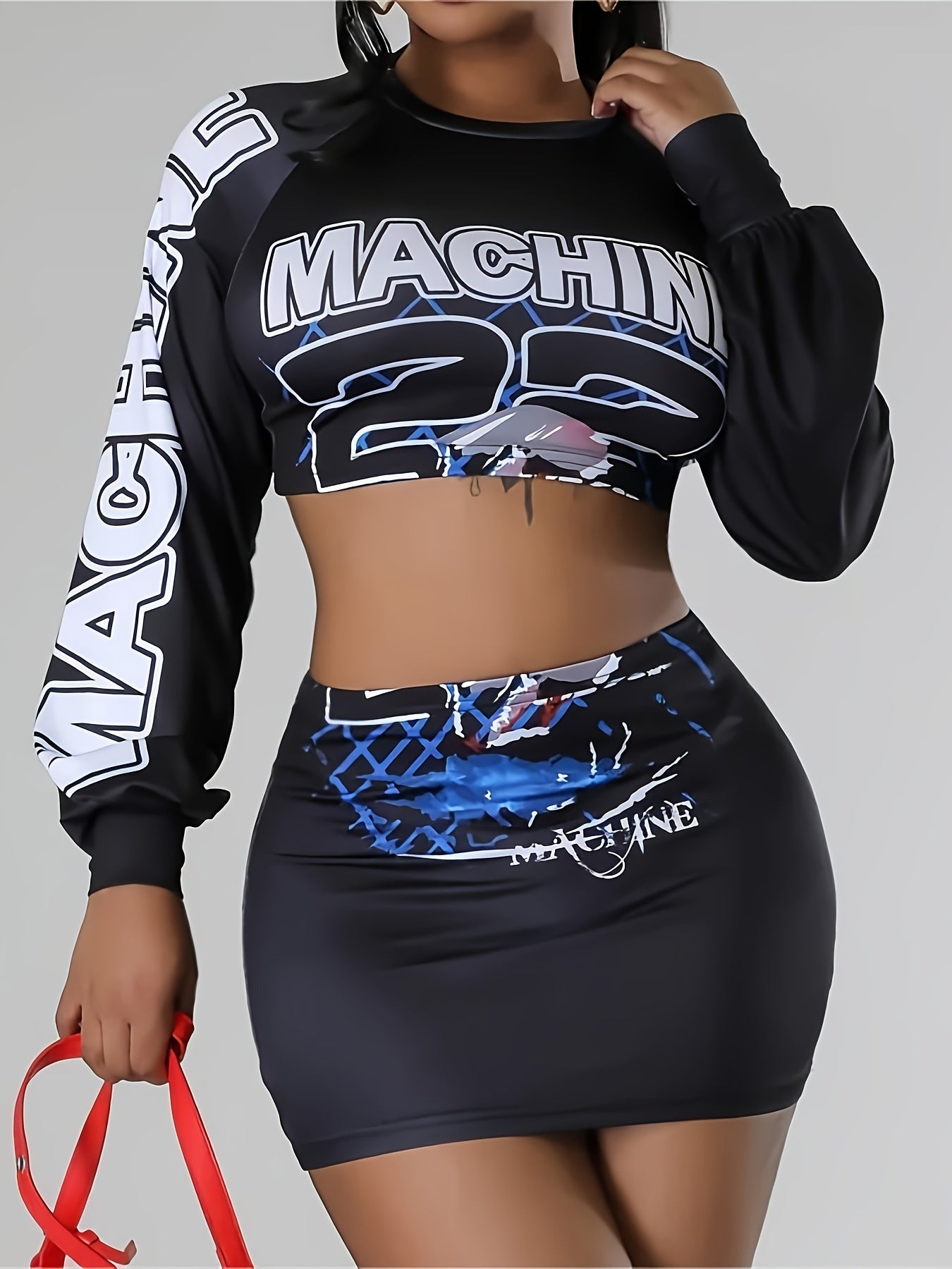 Modern Casualwear] Stylish Red Two-Piece Skirt Set with "MACHINE" Print & Lantern Sleeves - Casual Polyester Blend Crop Top & Mini Skirt, Machine Washable - Perfect for Spring/Fall, Casual Wear Set|Trendy Crop Top|Knit Constr