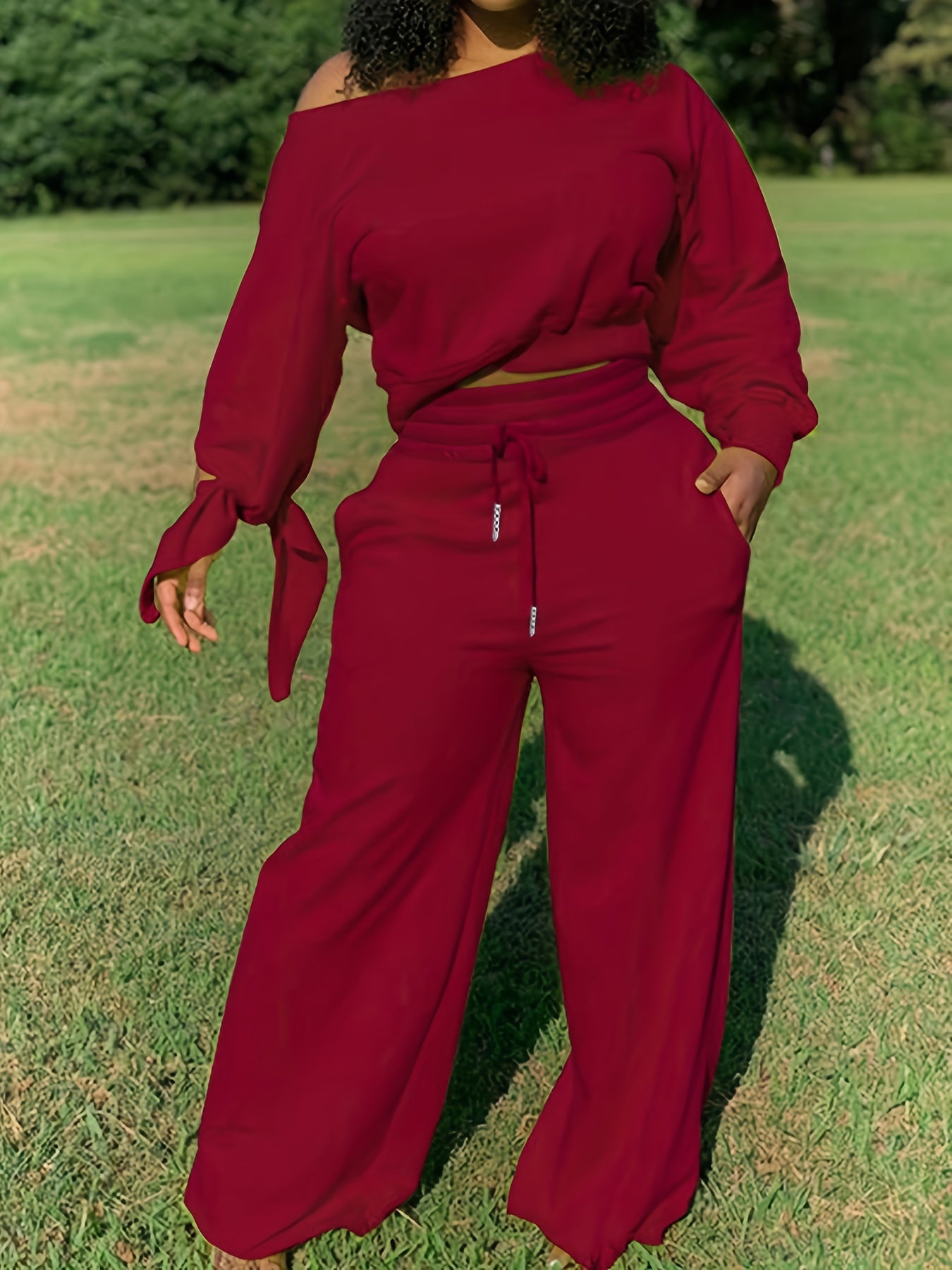 1set Women'S Solid Color Asymmetrical Sleeve Sweatshirt and Pants Set, Casual Crew Neck Polyester Knit Fabric, All-Season Lounge Wear
