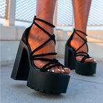 Elegant Black Block Heel Sandals for Women - Sexy Open Toe with Crisscross Straps, High Platform Dress Shoes with Back Zipper, Faux Cover Lining, Fashion Sandals|Skyhigh Heels|Chunky Heel Construction, Stiletto Heels