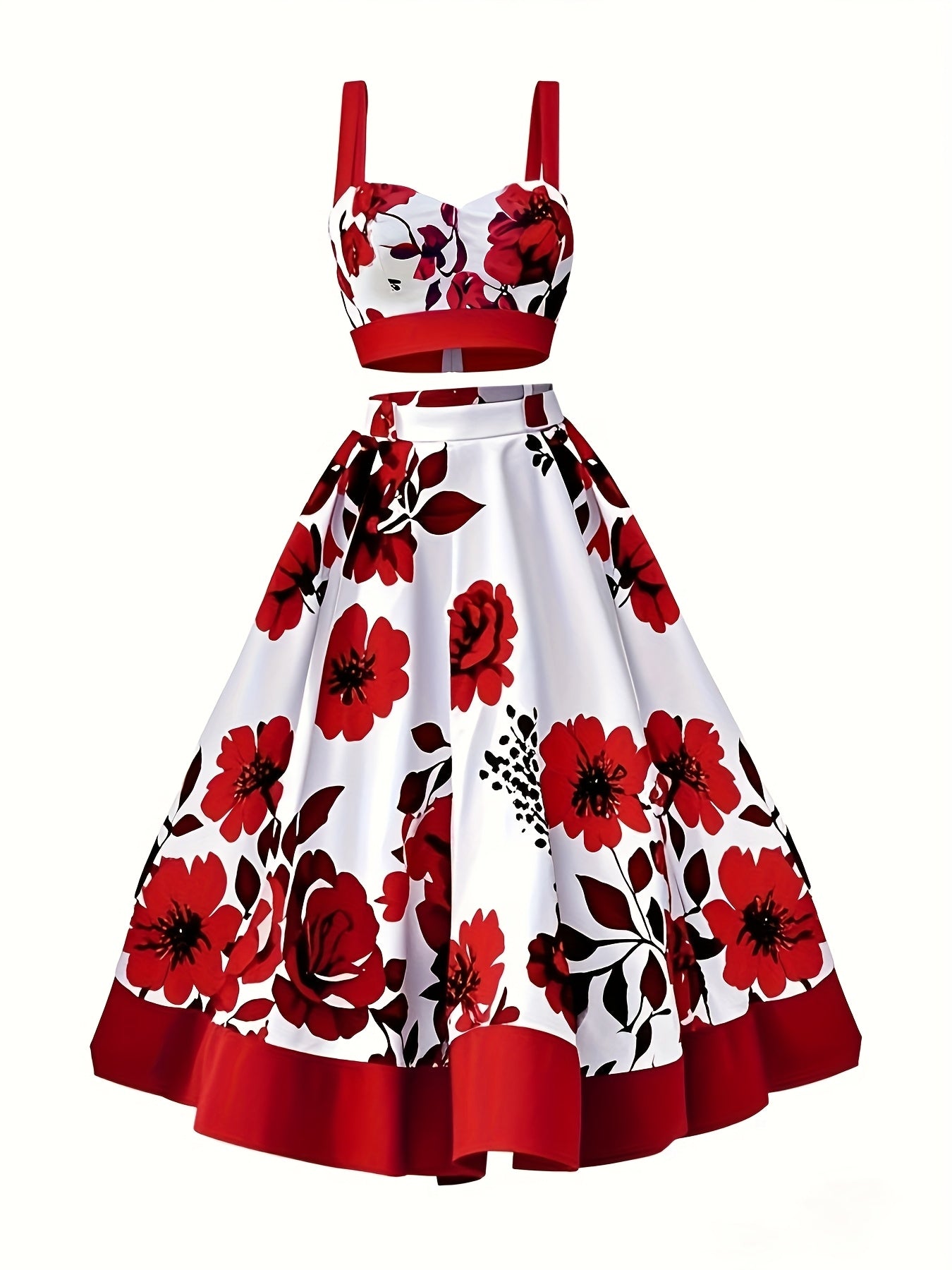 Elegant Floral Print Two-Piece Skirt Set - V-Neck Crop Top & High-Waist Flared Skirt, Polyester/Spandex Blend, Machine Washable, Perfect for Spring/Fall Fashion
