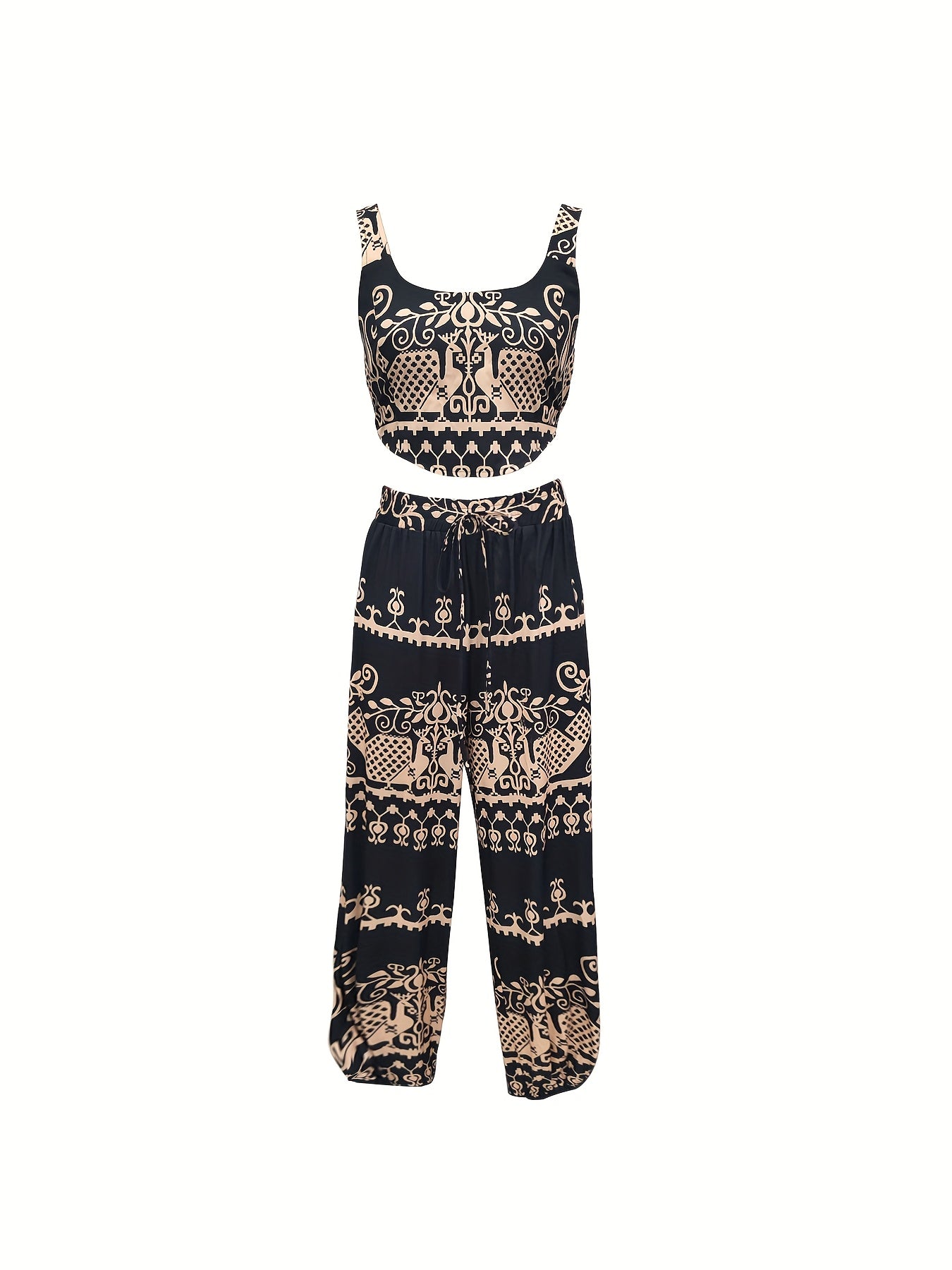 Elegant Women'S Paisley Print Crop Top and Jogger Pants Set, Polyester Spandex Blend, Woven, with Spaghetti Strap, for All-Season