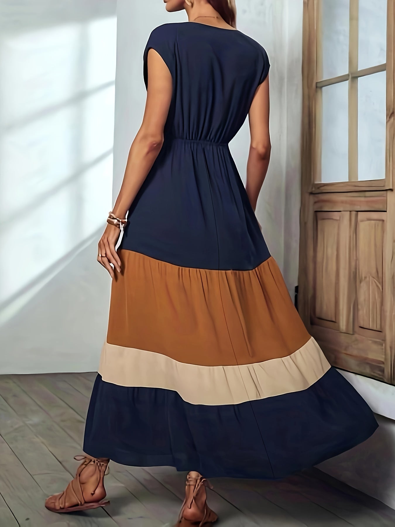 Vibrant Color Block Surplice Neck Maxi Dress - Elegant Sleeveless A-Line Silhouette, Micro Elasticity, Polyester Fabric, Solid Color, Summer Essential - Womens Elegant Clothing for Special Occasions