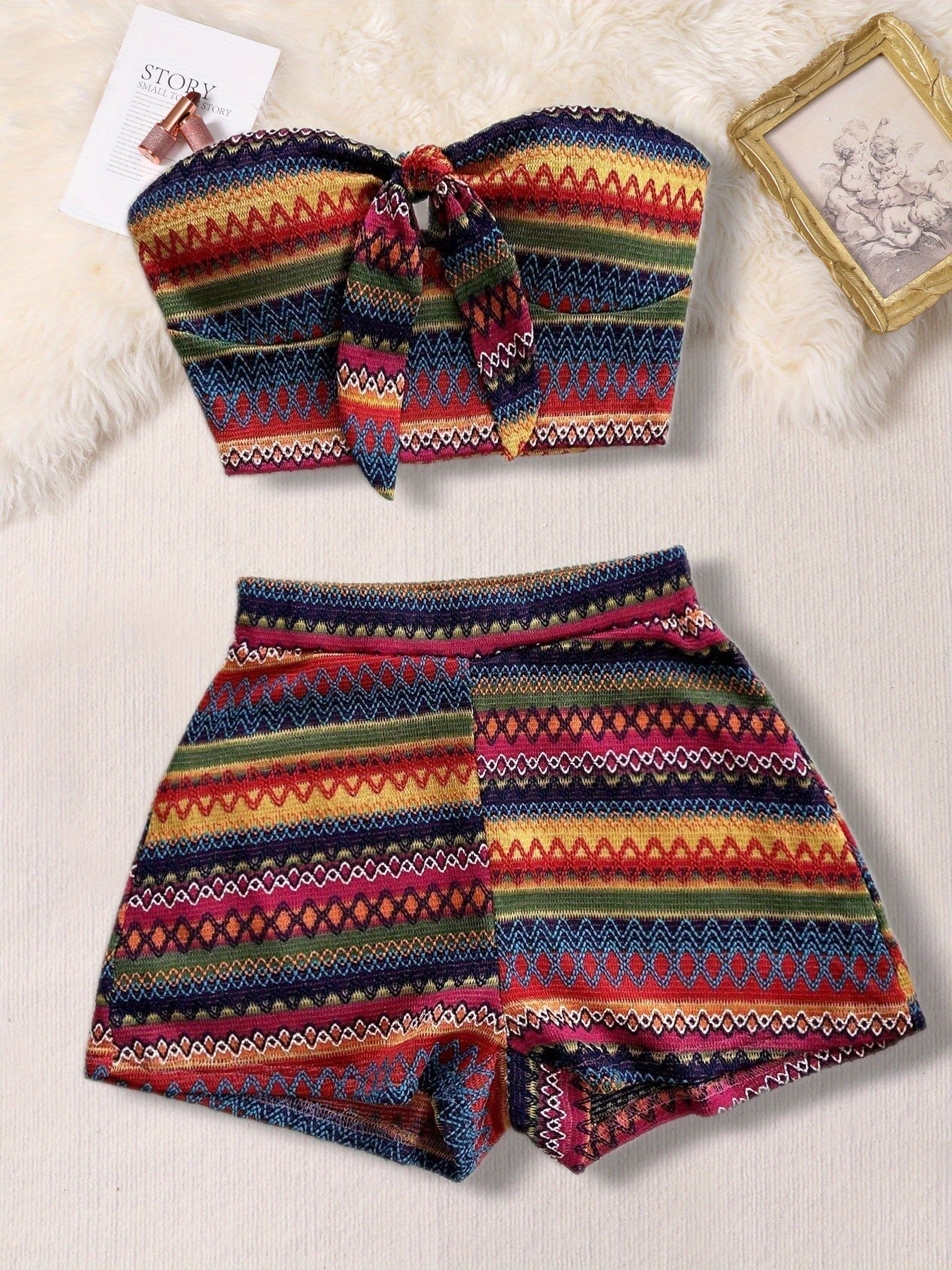 Women'S Summer Colorful Striped Elastic Sexy 2pcs Set/ Front Strap Top and High Waist Shorts, Suitable for Vacation and Daily Travel