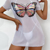 Butterfly Print Semi Sheer White Cover Up, Shorts Sleeve Stretchy Mesh Beach Coverup Without Bikini, Women's Swimwear & Clothing For Holiday