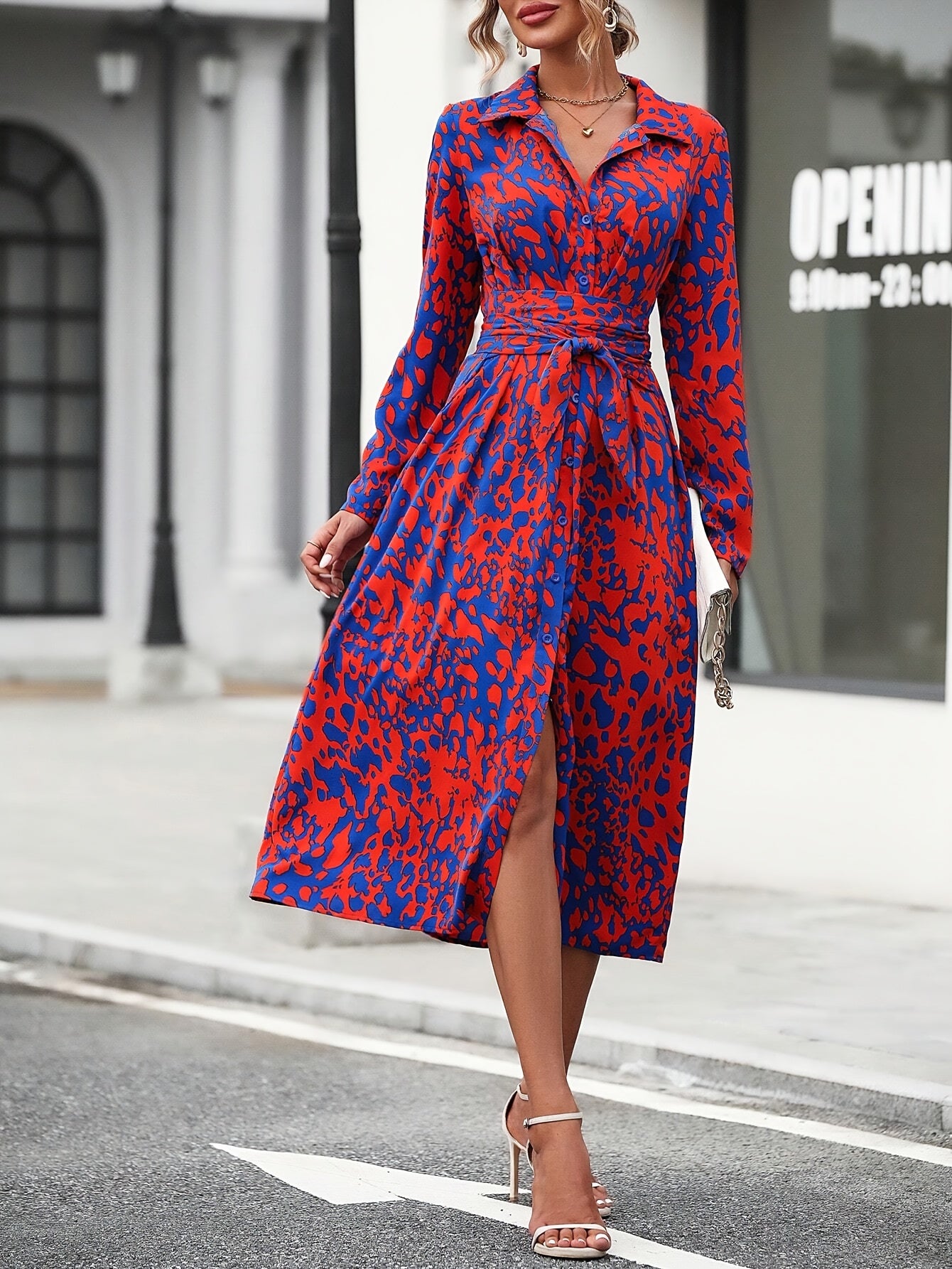 Elegant All-Over Print Shirt Dress with Belt - Long Sleeve, Button-Up Front, Red & Blue Floral Design, Polyester Fabric, Machine Washable - Women’s Fashion for Spring & Fall, Long Sleeve Dress