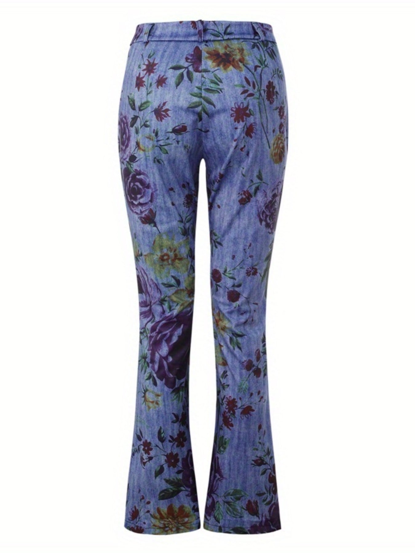 Women's Vibrant Floral Print Flared Jeans - Casual Bell Bottom Denim Pants with Slash Pockets, Stretchy & Comfortable, Perfect for All Seasons