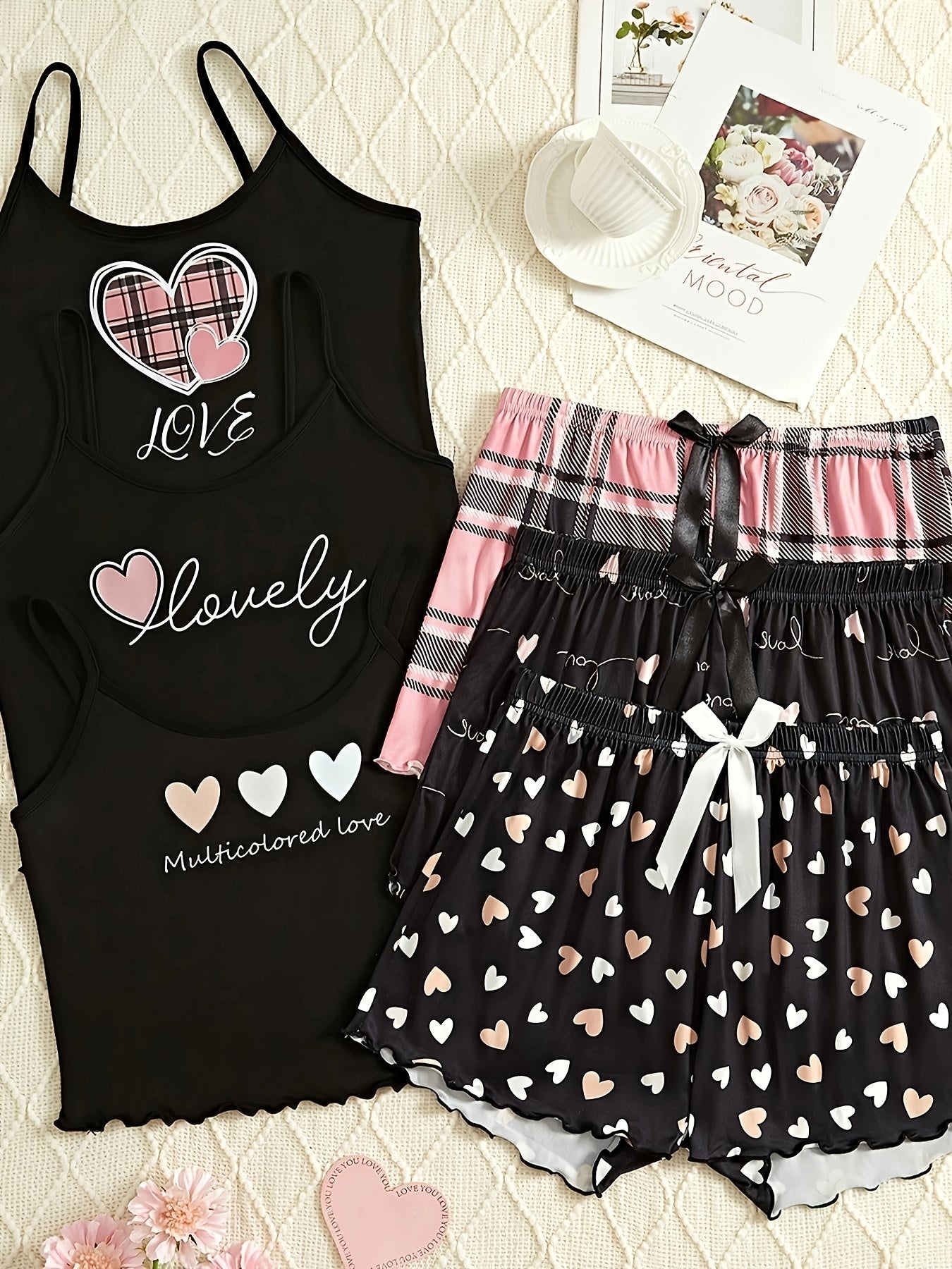 Women's Cute Cartoon Heart Print Pajama Sets, 6-Piece Triple Pack, Knit Polyester Fabric with Elastane Stretch, Crew Neck, All Season Comfort, Patterned Sleepwear for Adults