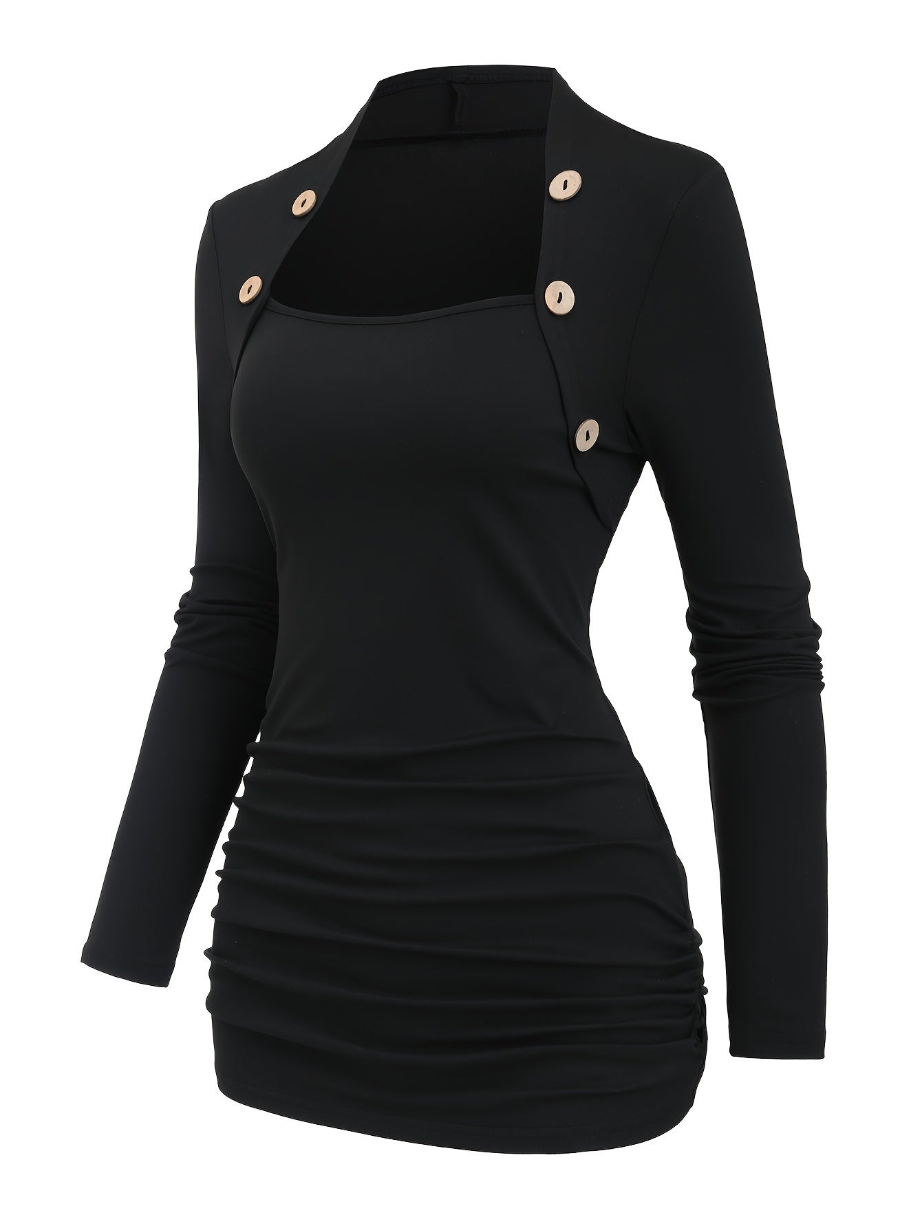 Button Decor Plain Color T-shirt, Versatile Long Sleeve Top For Spring & Fall, Women's Clothing