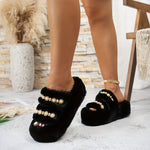 Women'S Plush Platform Slippers with Decorative Chain Detail - Comfortable Thick Sole, Soft Fabric Lining, Anti-Slip Rubber Sole, Indoor/Outdoor Use, All-Season Wear, Indoor Slippers