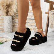 Women'S Plush Platform Slippers with Decorative Chain Detail - Comfortable Thick Sole, Soft Fabric Lining, Anti-Slip Rubber Sole, Indoor/Outdoor Use, All-Season Wear, Indoor Slippers