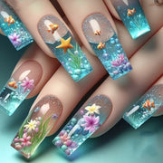 24pcs Deep Sea Mystery Hand-Painted Nail Tips - Sparkling Blue with Little Fish & Starfish, Removable Press-On Nails for a Magical Nail Art Experience, Nail Art Accessories