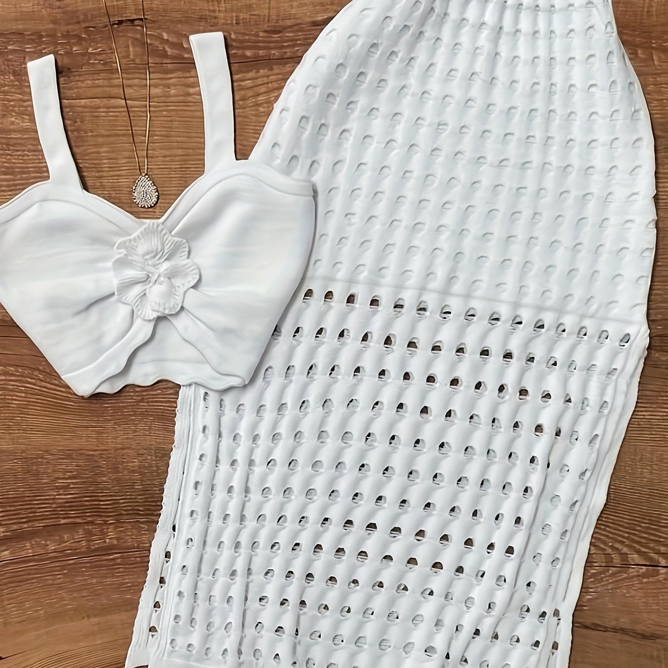 TJ3238 French Chic Lace Bralette & Skirt Set - White Knit, Ribbed, Perforated Two-Piece Ensemble with Floral Detail, Casual Style, Polyester Blend, Casual Attire|Chic TwoPiece Set|Polyester Blend