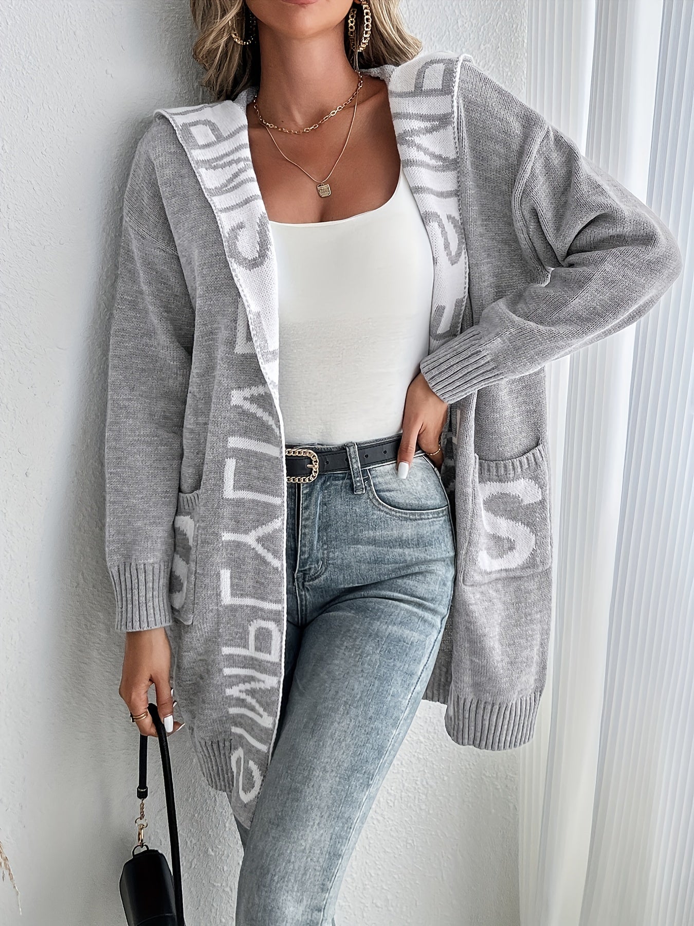 Women's Letter Print Open Front Knit Cardigan - Casual Hoodie Long Sleeve - Cozy Fleece Material - For Fall & Winter - Perfect for Casual Wear & Layering - Ideal Gift for Women
