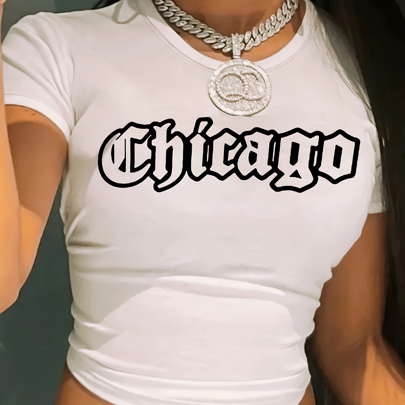 1pc Women'S Y2K Chicago Letter Print T-Shirt - Casual Crew Neck, Short Sleeve, Breathable Polyester Knit Fabric, All-Season Wear