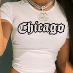 1pc Women'S Y2K Chicago Letter Print T-Shirt - Casual Crew Neck, Short Sleeve, Breathable Polyester Knit Fabric, All-Season Wear
