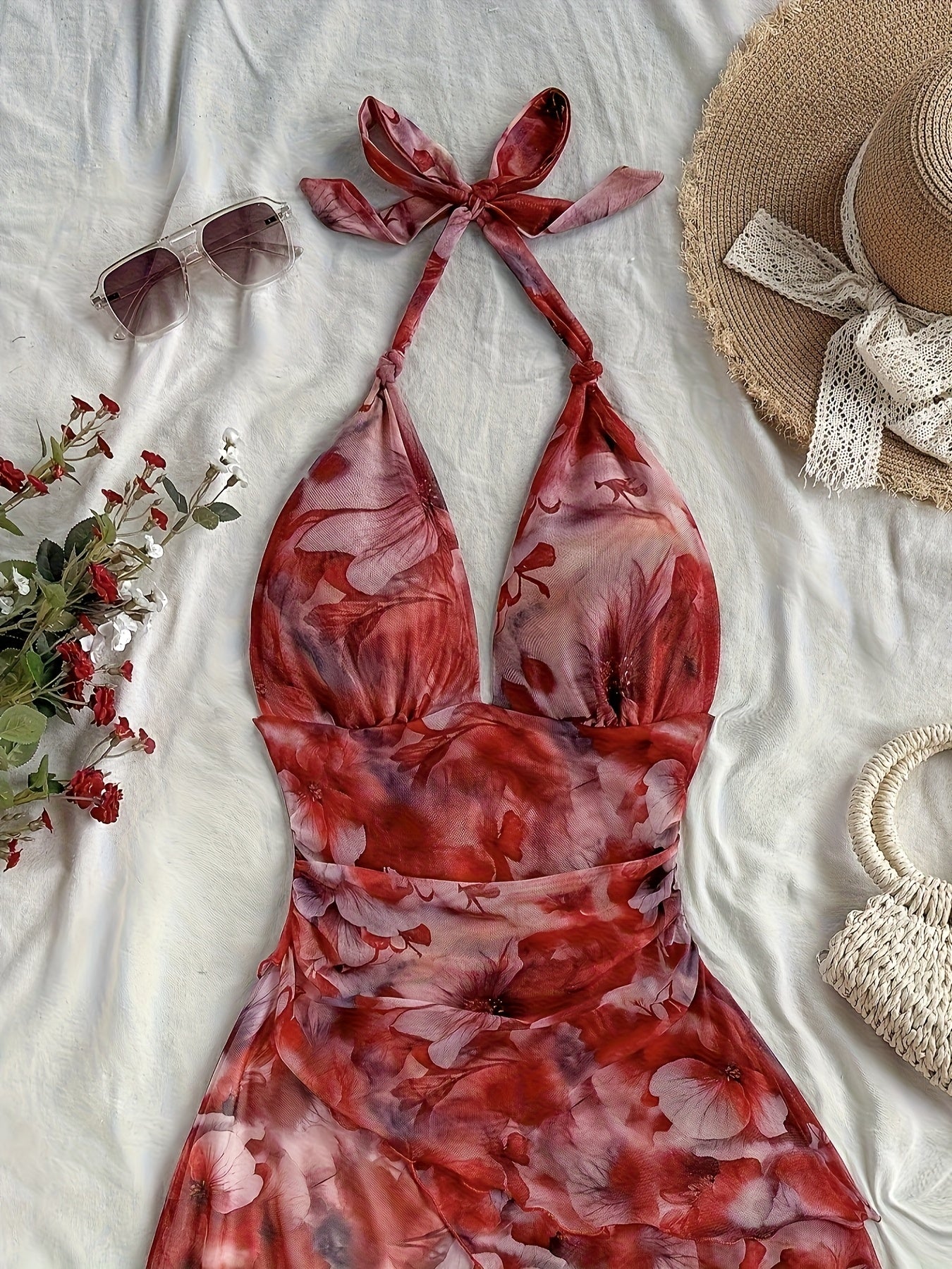 Women's Floral Print V-Neck Halter Sleeveless Dress - Lightweight Semi-Sheer Summer Dress with Ruched Waist & Ruffled Hem, Machine Washable for Beach, Casual, or Evening Outfits, Beach Wear | Flowy Fabric, Beach Dress
