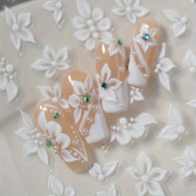 1 Set 3D Embossed Floral Nail Art Stickers - Self-Adhesive Plastic Nail Embellishments, Matte Finish, Plant Theme, Single Use, Irregular Shape - Unscented, Nail Art Decor | Floral Nail Design | Durable Nail Stickers