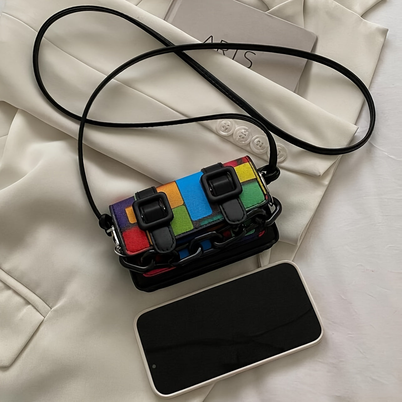 Color Block Mini Acrylic Chain Crossbody Bag - Vibrant Rainbow Pattern, Adjustable Strap, Magnetic Closure, Black Faux Leather, Stylish Accessory|Chain Strap Bag|Magnetic Closure Bag