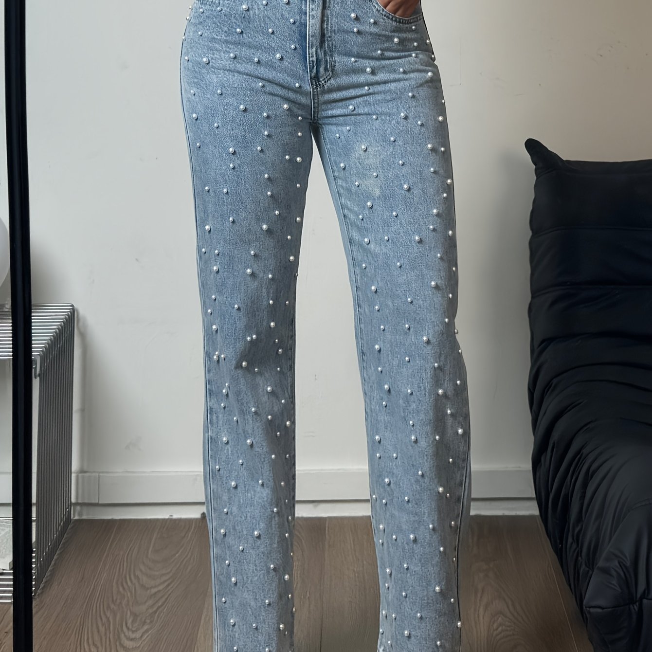 Women's Casual Straight Leg Denim Pants with Pearl Accents - Loose Fit, High-Waisted, Machine Washable, Pockets & Zipper Closure for Year-Round Wear, Party & Everyday Outfits, Straight Leg Jeans