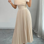 Elegant Off-Shoulder Beige Maxi Dress with Ruched Detail - Perfect for Adult Women, All-Season Fashion, Strapless, A-Line Silhouette, Elegant Attire|Ruched Detail Dress|Strapless Design