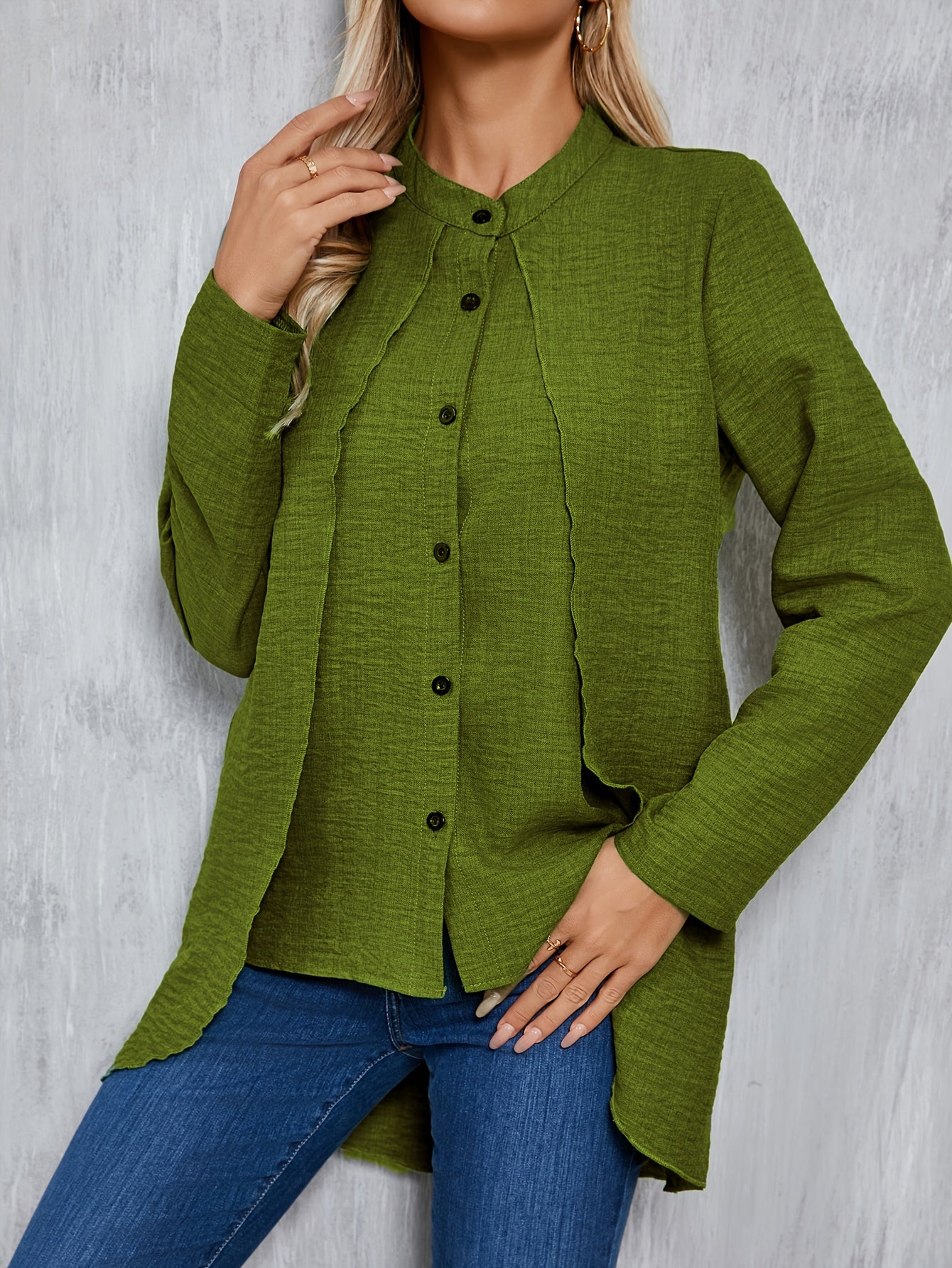 Solid Color Single Breasted Splicing Blouse, Elegant Long Sleeve Layered Blouse For Spring & Fall, Women's Clothing