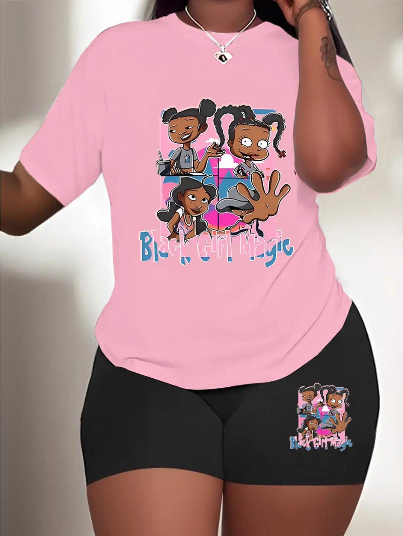 Women's casual cartoon print, polyester knit T-shirt and shorts leggings set, crewneck short sleeves, regular fit, all seasons