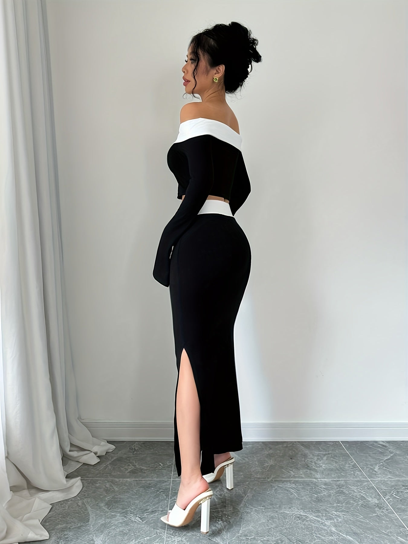 Elegant Off-Shoulder Crop Top & Side-Slit Mermaid Skirt Set - Polyester Blend, Machine Washable