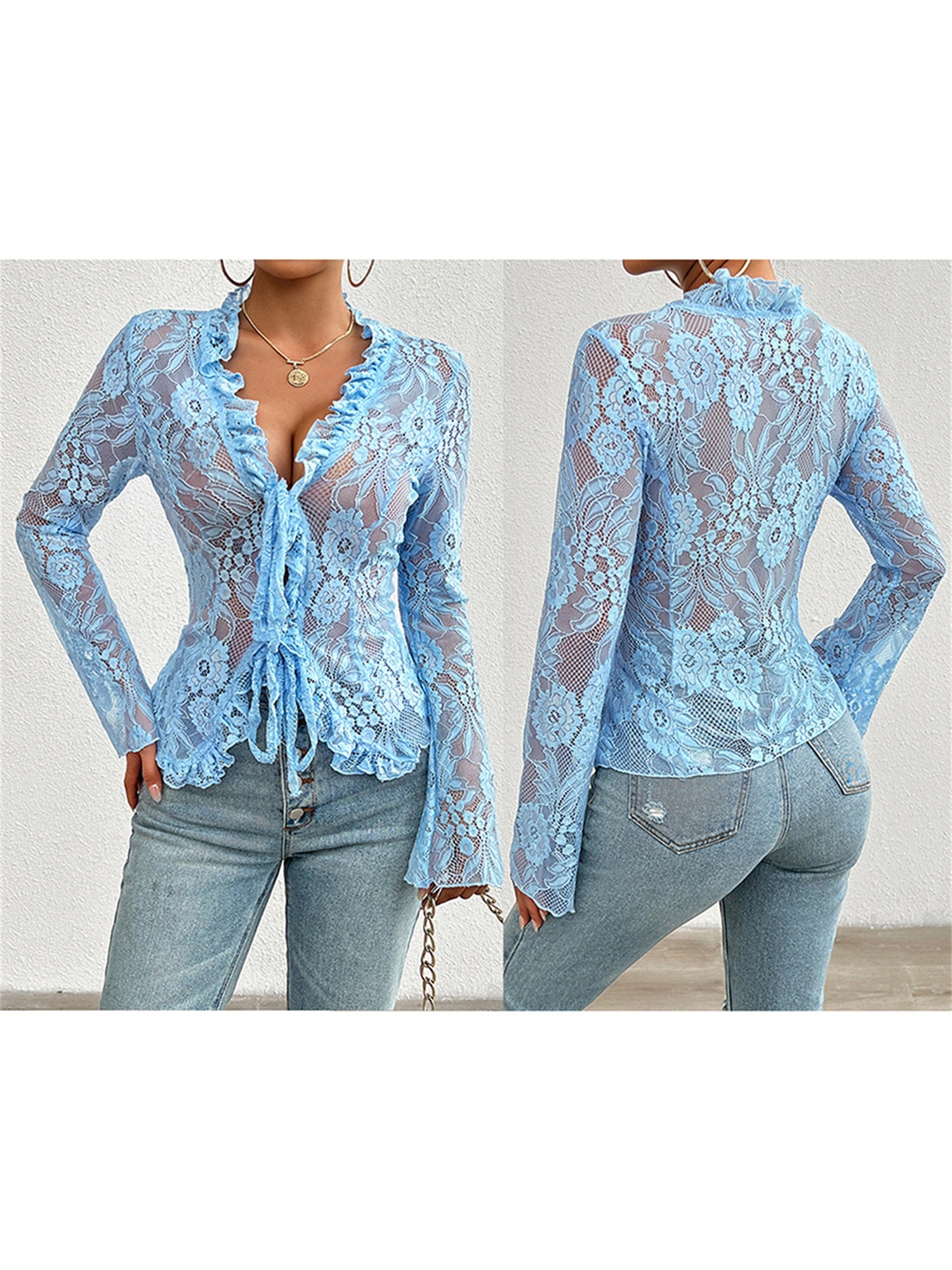 Women's Sheer Blue Lace Tie-Front Blouse - Long Sleeve V-Neck Floral Top for Casual & Clubwear, High Stretch Polyester Fabric, Elegant Ruffled Detailing, Casual Clubwear | Floral Lace Design | Intricate Lace Texture
