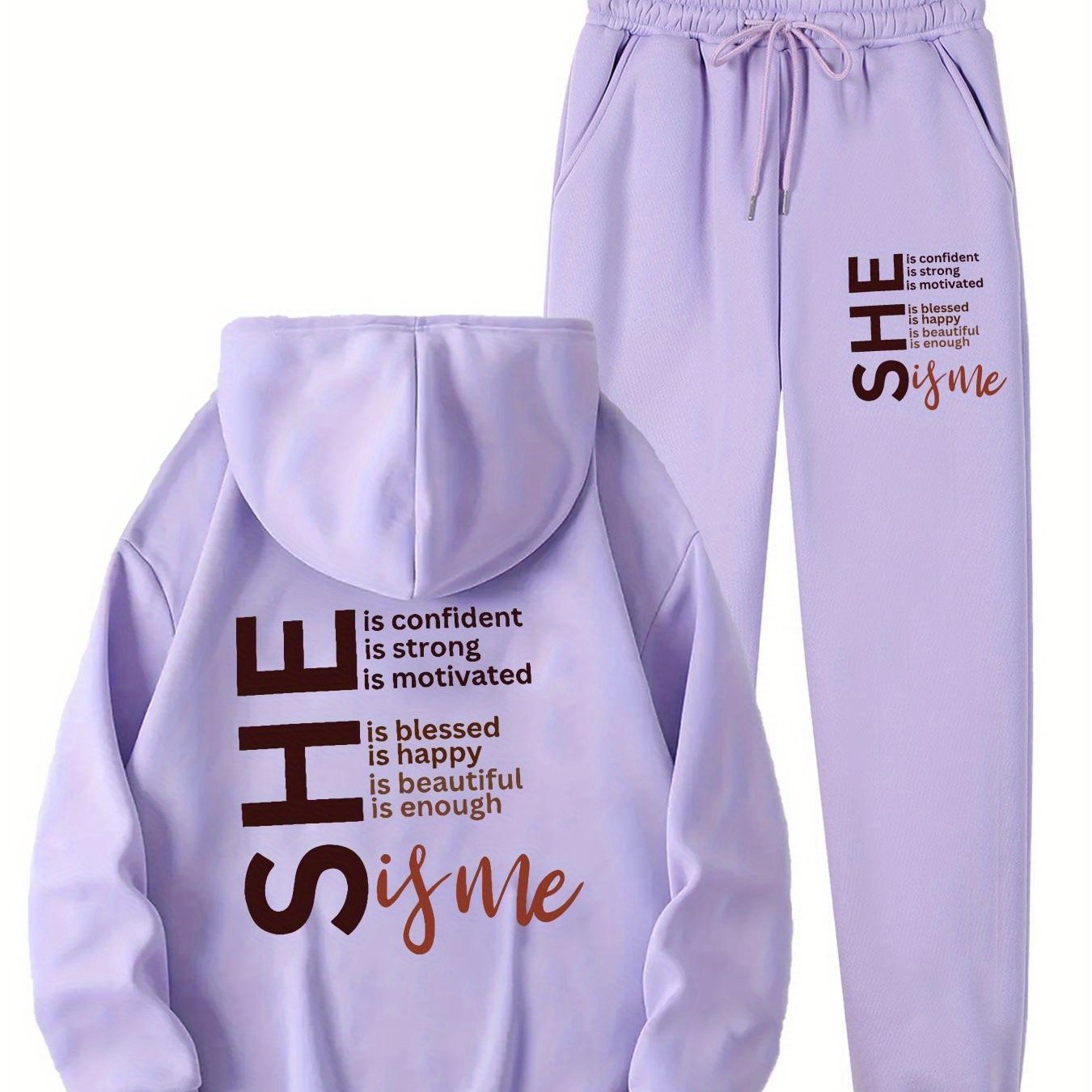 Cozy Fleece-Lined Women's Hoodie & Sweatpants Set with Letter Print - Machine Washable, Pocket Detail, Polyester
