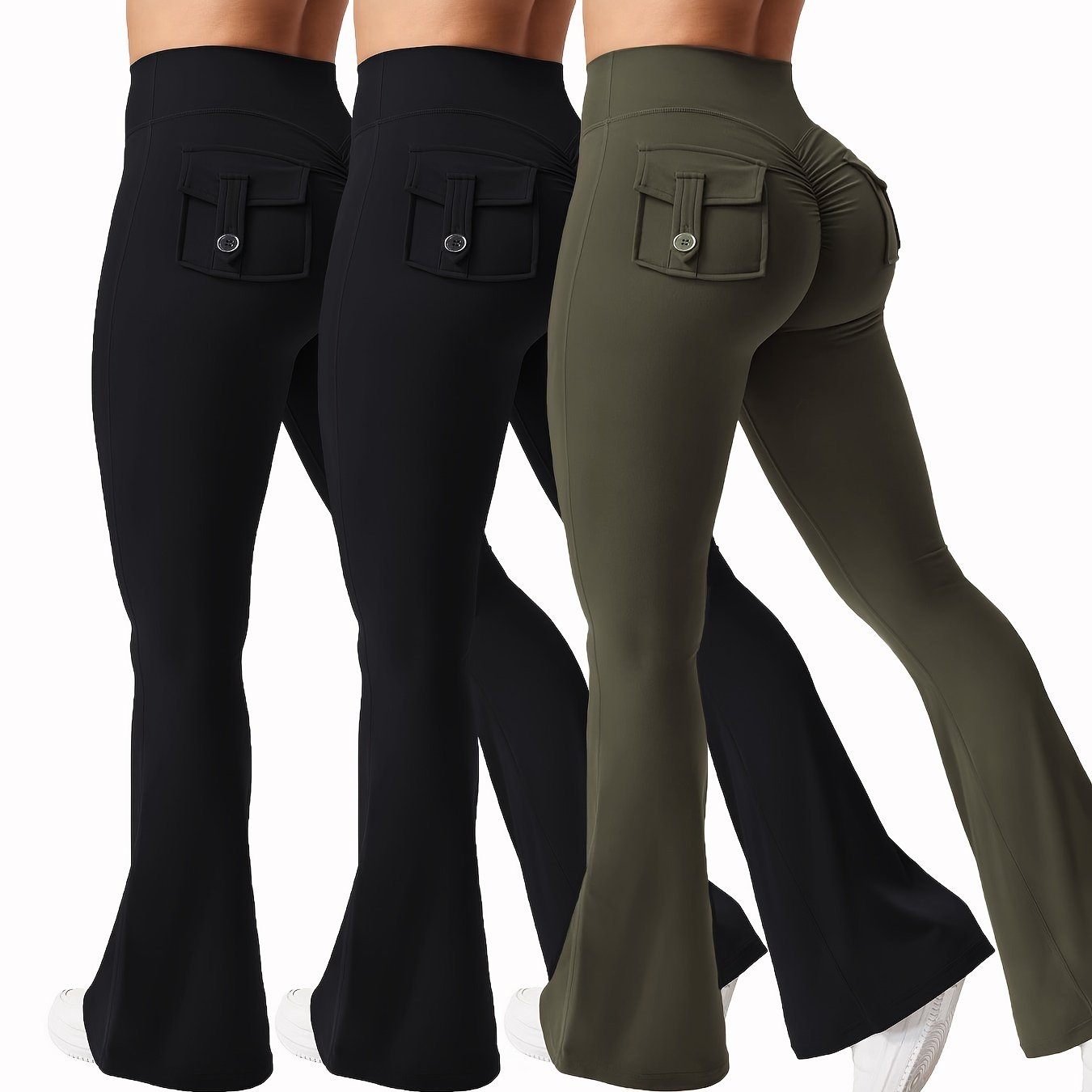 3pcs Women's High Elasticity Yoga Pants with Pockets - Soft Flared Leg Workwear-Style Fitness Pants, Elastic Waistband Tight-Fit Butt-Lifting for Running, Gym & Casual Wear (Black/Grey/Brown), Running Attire | Highwaisted Fla