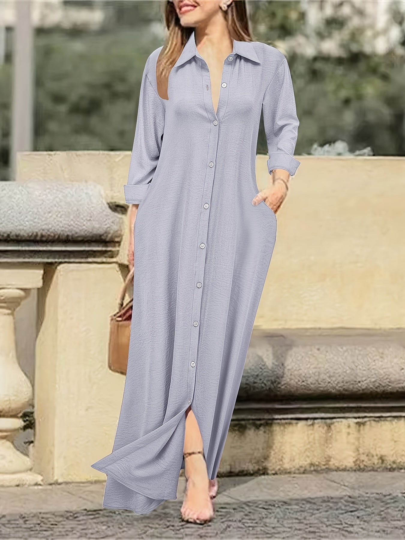 Women's Long Sleeve Shirt Dress - Casual Solid Color Polyester Button-Up with Woven Fabric, Adult All-Season Fashion Dress with Collar