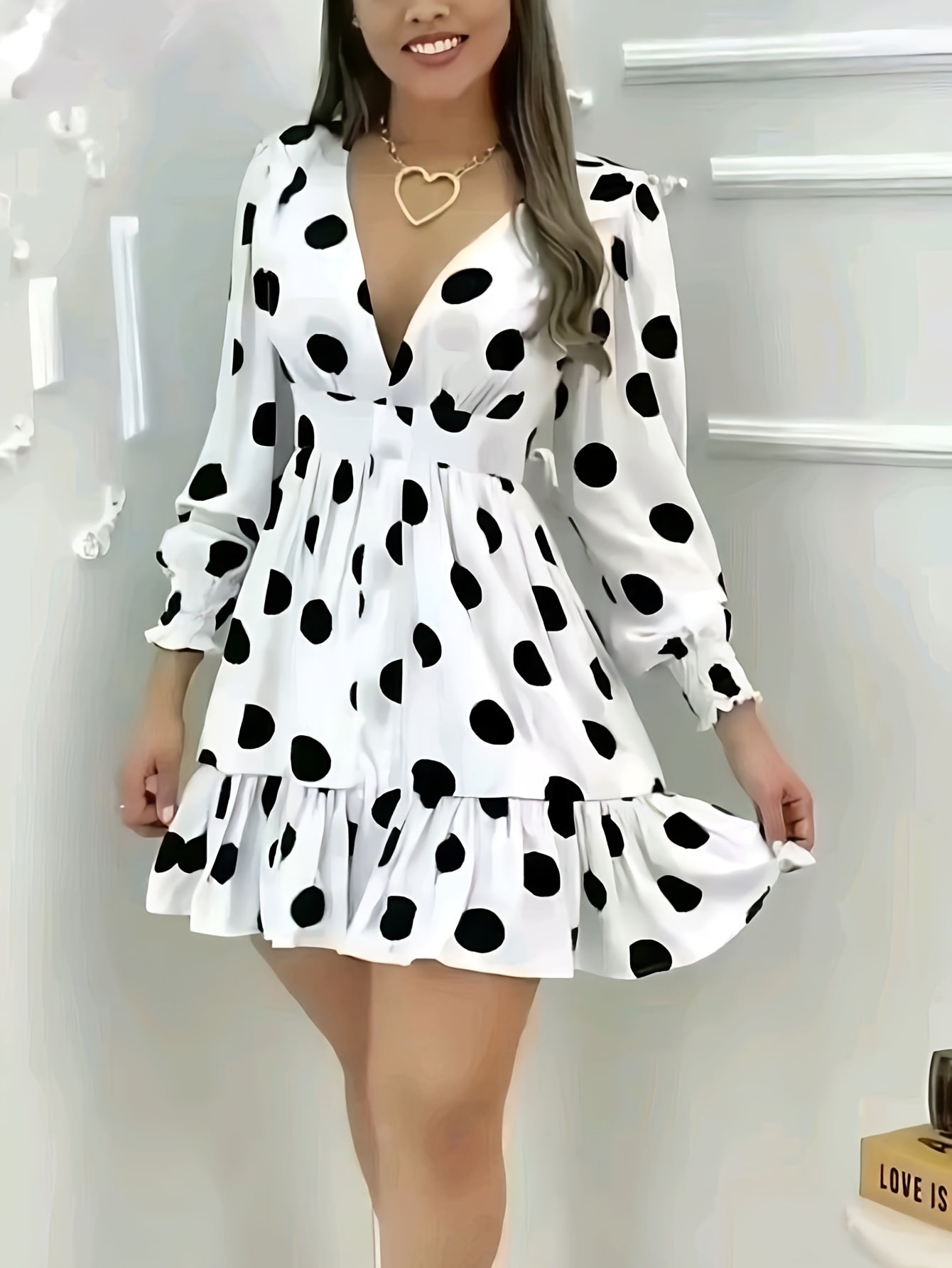 Women'S Fashion Polka Dot Print V-Neck Fitted Dress with Frill Detail, Polyester Woven Fabric, All-Season Versatile Style