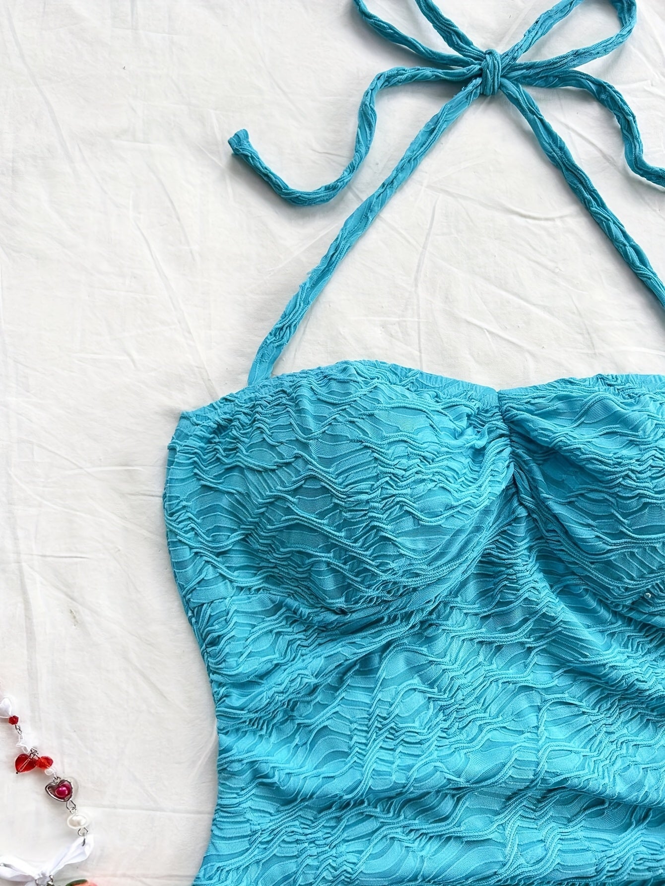 Women's Summer Jacquard Halter Dress with Asymmetrical Hem and Drawstring Detail - Vibrant Teal Blue, Vacation-Ready Wrap Style, Polyester Fabric, Perfect for Beach or Casual Outings, Beach Dress