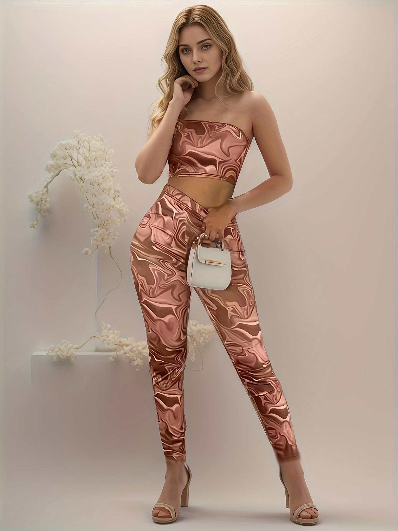 Tie Dye Sexy Set, Crop Slim Fit Strapless Top & Skinny Fit Pants, Women's Clothing