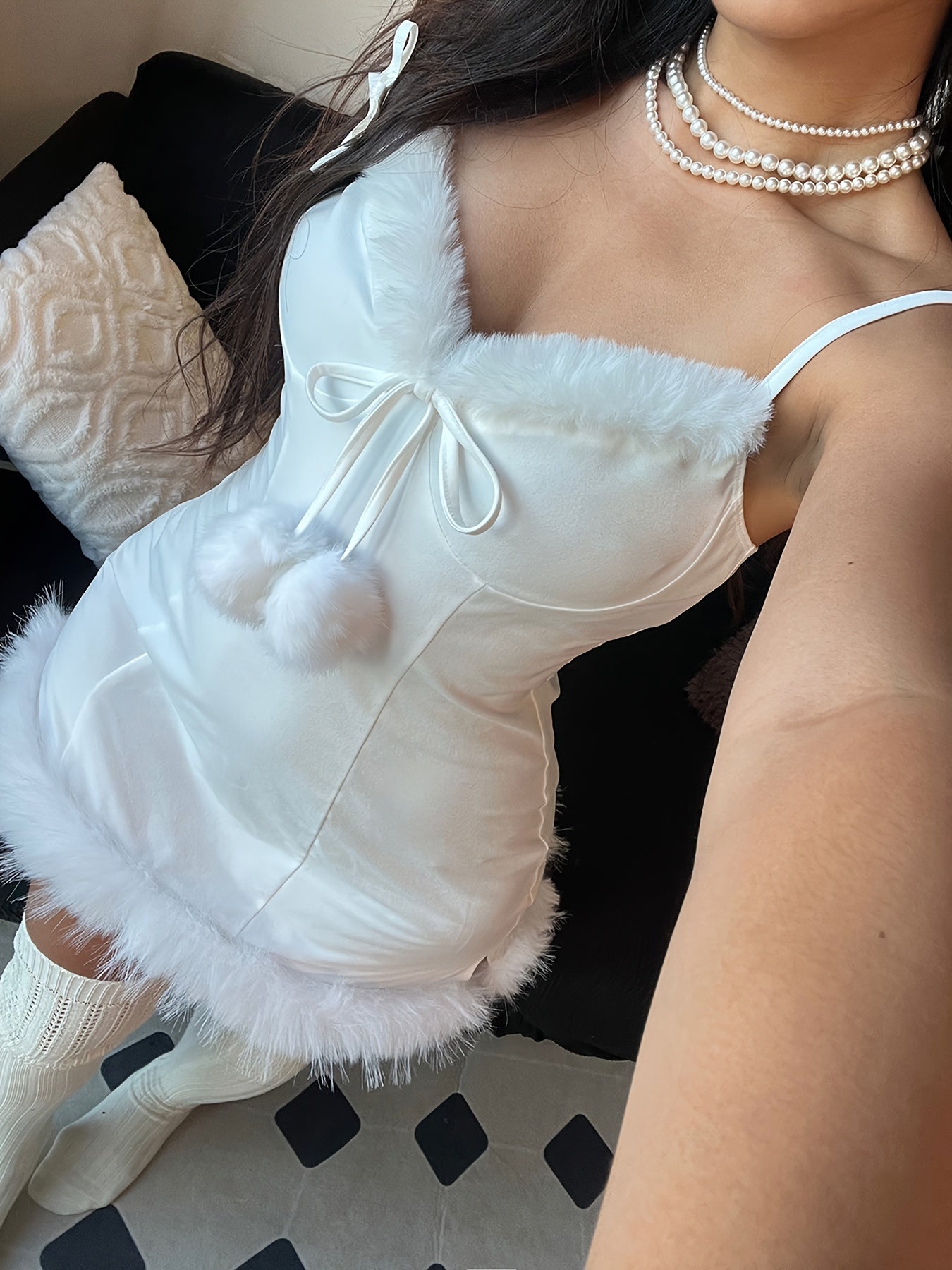 Women'S White Furry Trim Spaghetti Strap Dress, Sexy Sleeveless Knit Slip with Raw Hem Detail, Polyester 95% Elastane 5%, Solid Color, Fall/Winter Collection