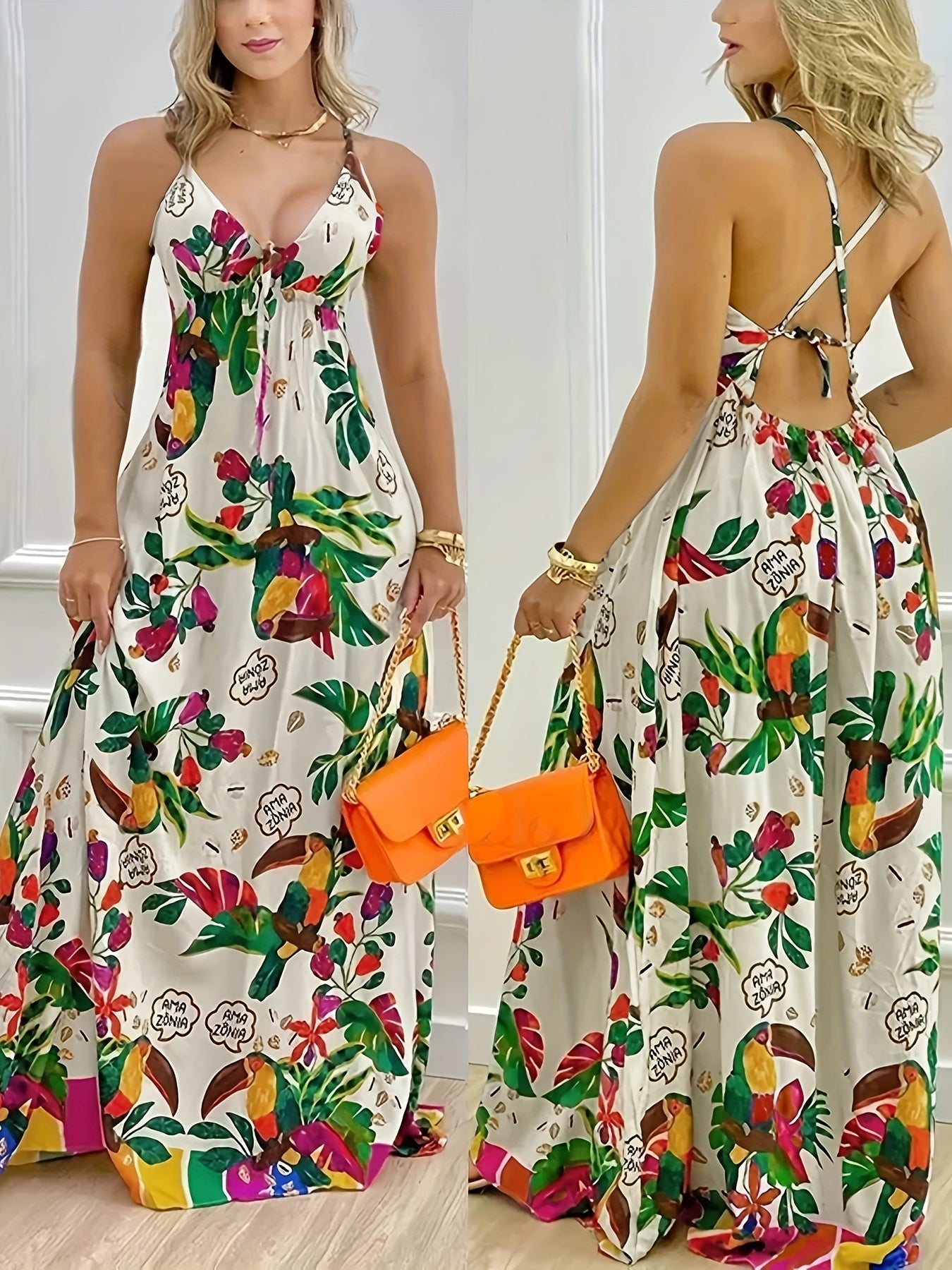 Elegant Summer V-Neck Sleeveless Maxi Dress for Women - Tropical Print with Lace-Up Back Detail, Pleated Design, Machine Washable Polyester