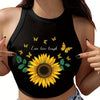 Women's High-Elasticity Sunflower & Butterfly Print Sleeveless Crop Tank Top - "Live Love Laugh" Design, Casual Yoga & Activewear, Polyester, Black, Ladies Tank Tops
