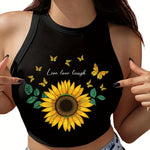 Women's High-Elasticity Sunflower & Butterfly Print Sleeveless Crop Tank Top - "Live Love Laugh" Design, Casual Yoga & Activewear, Polyester, Black, Ladies Tank Tops