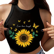 Women's High-Elasticity Sunflower & Butterfly Print Sleeveless Crop Tank Top - "Live Love Laugh" Design, Casual Yoga & Activewear, Polyester, Black, Ladies Tank Tops