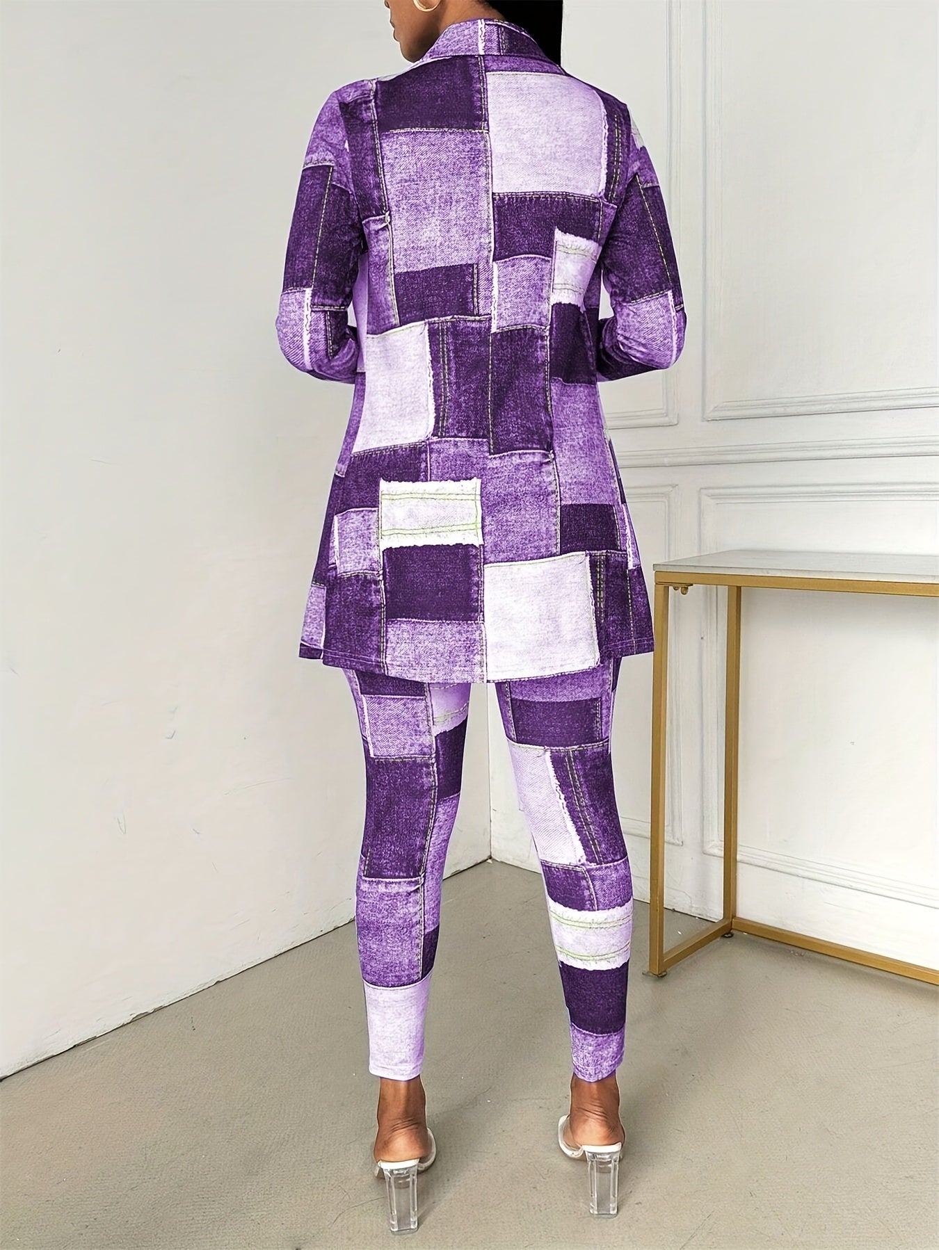 Women'S Plaid Print Button- Collar Long Sleeve Top And Pant Suit, Spring/summer Women'S Wear